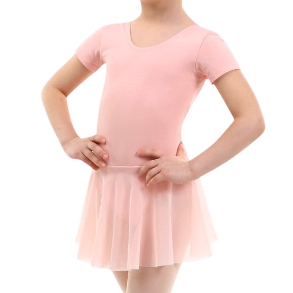 SOLO Short sleeve leotard with mesh skirt cotton pale pink