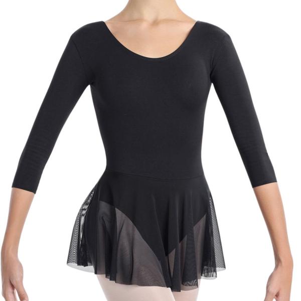 SOLO Leotard with mesh skirt 3/4 sleeve cotton black